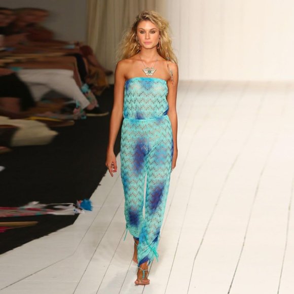 LULI FAMA SIETE MARES Crochet Strapless Jumpsuit Cover Up Size L Blue Multi NEW - Picture 11 of 11